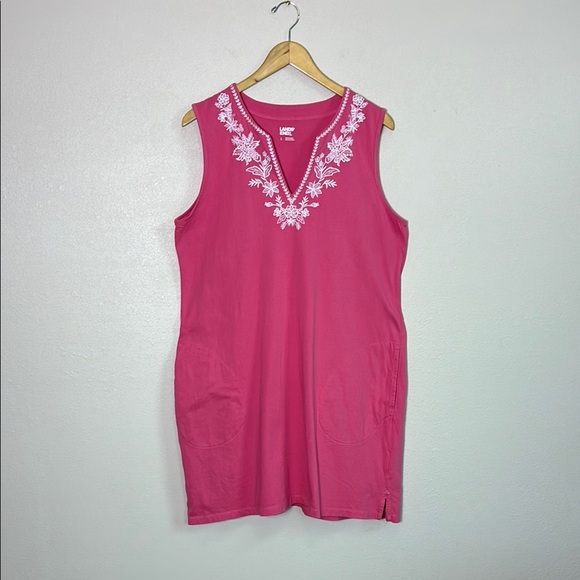 LANDS' END Women Large Pink Cotton Embroidered Sleeveless Swim Cover-up Dress - Picture 1 of 10